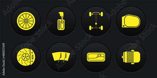 Set Car brake disk with caliper, mirror, Windscreen wiper, door handle, Chassis car, Gear shifter, Electric engine and wheel icon. Vector