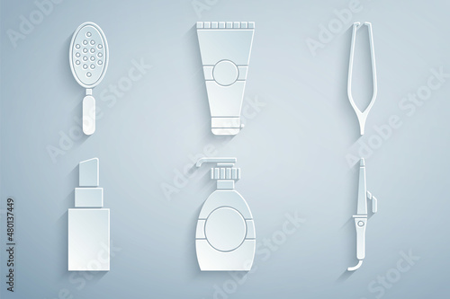 Set Bottle of liquid soap, Eyebrow tweezers, Lipstick, Curling iron, Lotion cosmetic tube and Hairbrush icon. Vector