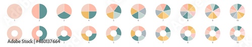 Wheel round diagram part symbol. Pie chart color icons. Segment slice sign. Circle section graph. 10,2,4,5 segment infographic. Three phase, six circular cycle. Geometric element. Vector illustration