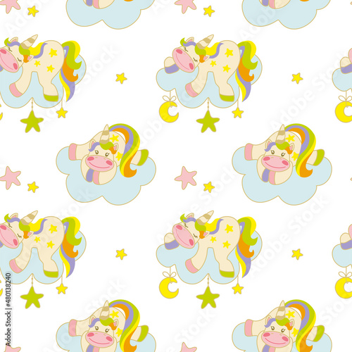 Unicorn sleeping on a cloud. Fantasy print for baby products. Seamless pattern. Vector. © Ekaterina