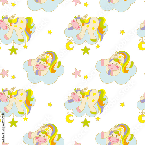 Unicorn sleeping on a cloud. Fantasy print for baby products. Seamless pattern. Vector.