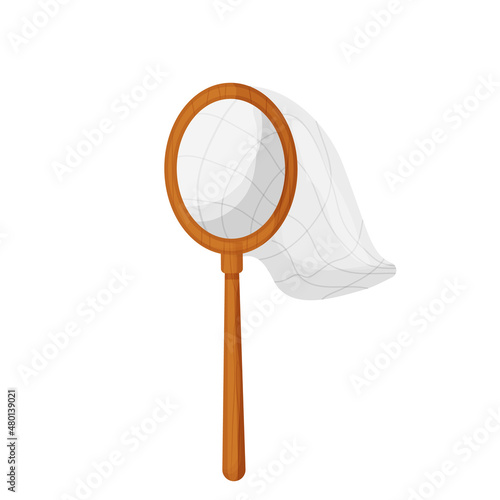 Net with wooden handle butterfly or fish catcher in cartoon style isolated on white background. Equipment for fishing, hobby.
