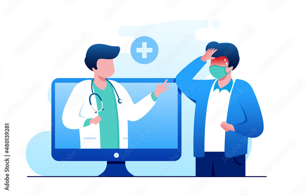 Online doctor virtual consultation with mobile phone technology fast response for emergency patient. flat vector illustration fit for banner, flyer, landing page, etc Online doctor virtual consultation with mobile phone technology fast response for emergency patient. flat vector illustration fit for banner, flyer, landing page, etc