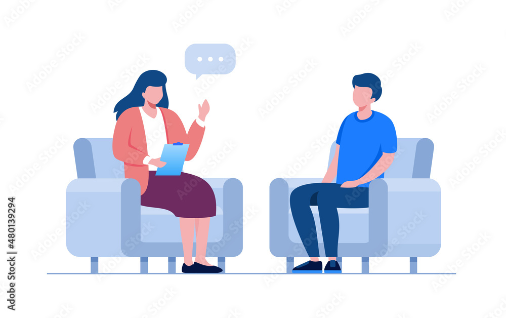 Flat design vector concept for psychotherapy session. Male Patient sitting with female psychologist, psychotherapist office. Psychiatrist session in mental health clinic. vector Flat design vector concept for psychotherapy session. Male Patient sitting with female psychologist, psychotherapist office. Psychiatrist session in mental health clinic. vector