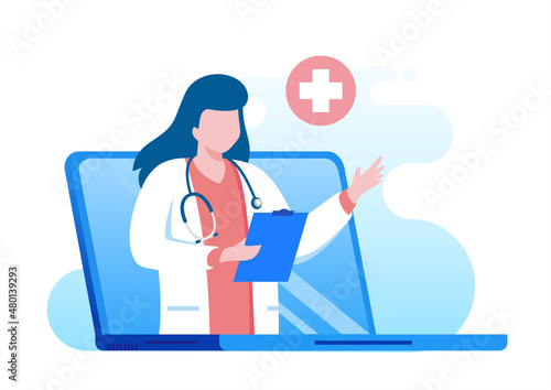 Online doctor virtual consultation with mobile phone technology fast response for emergency patient. flat vector illustration fit for banner, flyer, landing page, etc