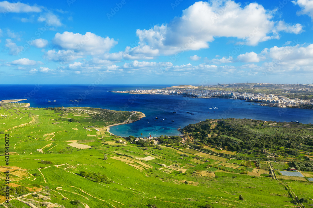 Aerial view of nature landscape of maltese fields. Malta, Europe