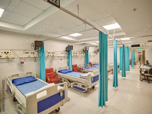 Photographs of hospital interiors  general rooms and medical supplies.