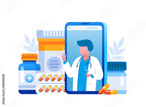 online pharmacy aid, antibiotic, pills, capsule, etc. healthcare drugs Illustration vector flat design banner or background
