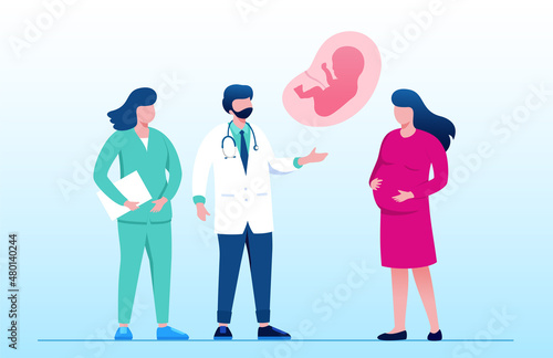 pregnancy consultation medicine. pregnant woman with male doctor and nurse. Medical worker and nurse in uniform. Consultation, recommendations of physician. Health insurance or baby care. Vector