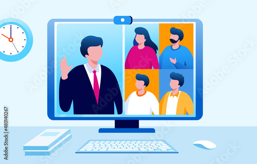 Virtual meeting and meetup group with technology computer, laptop, mobile phone, etc. teleconference flat vector illustration fit for banner, flyer, landing page, etc