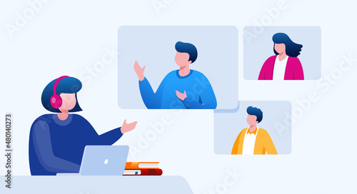 Virtual meeting and meetup group with technology computer, laptop, mobile phone, etc. teleconference flat vector illustration fit for banner, flyer, landing page, etc