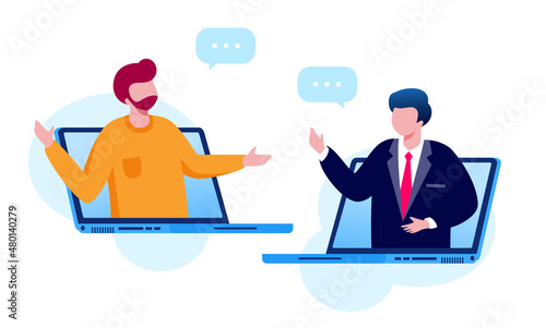 Virtual meeting and meetup group with technology computer, laptop, mobile phone, etc. teleconference flat vector illustration fit for banner, flyer, landing page, etc