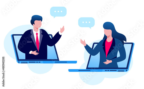 Virtual meeting and meetup group with technology computer, laptop, mobile phone, etc. teleconference flat vector illustration fit for banner, flyer, landing page, etc