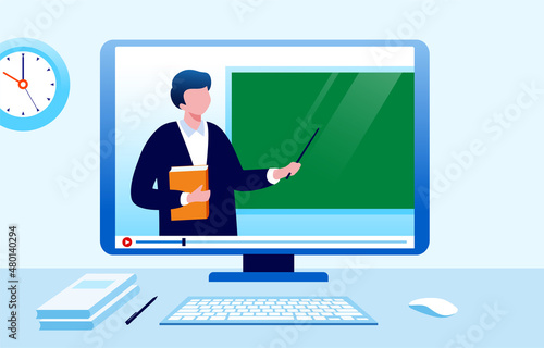 Online education with digital platform. Online teacher. Online learning, courses and tutorials, teaching landing page website illustration flat vector template