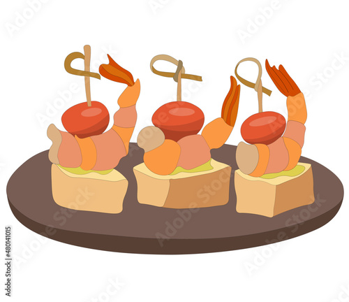 Canapes, snacks with shrimp on wooden stick, lie on plate. shrimp on skewers. vector illustration of food and snacks on white background. Shrimp kebab, Seafood barbecue.