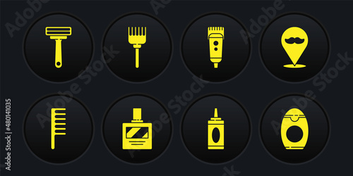 Set Hairbrush, Barbershop, Aftershave, Bottle of shampoo, Electrical hair clipper or shaver, and Shaving razor icon. Vector