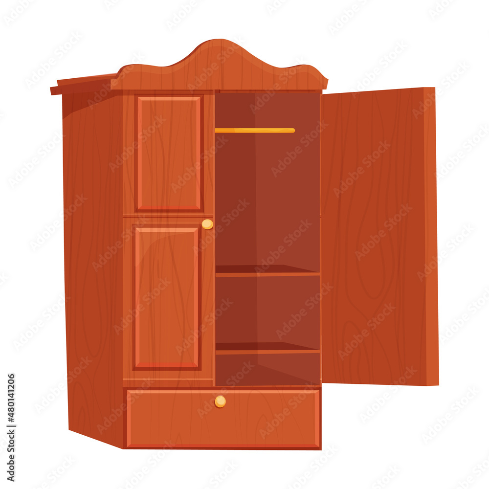 Wooden wardrobe empty furniture with shelf in cartoon style isolated on white background. Cupboard, drawer interior object. Wooden wardrobe empty furniture with shelf in cartoon style isolated on white background. Cupboard, drawer interior object.