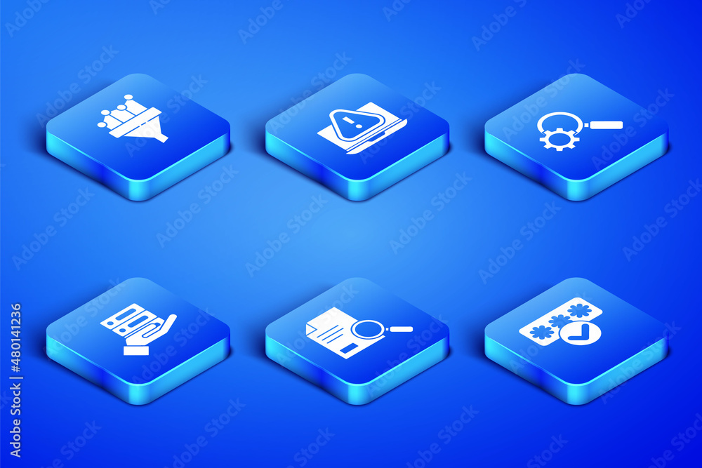 Set Password protection, Sales funnel with chart, Document search, Server, Data, Web Hosting, Laptop exclamation mark and Magnifying glass and gear icon. Vector Set Password protection, Sales funnel with chart, Document search, Server, Data, Web Hosting, Laptop exclamation mark and Magnifying glass and gear icon. Vector