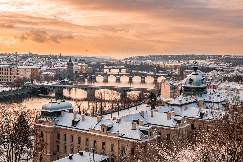 city, architecture, prague, church, view, europe, town, building, cityscape, cathedral, travel, tower, old, panorama, landmark, castle, tourism, landscape, czech, panoramic, house, urban, snow, winter