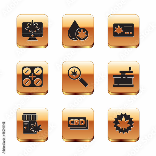 Set Monitor and marijuana or cannabis, Medical bottle with, Cannabis molecule, Magnifying glass, pills, Calendar leaf, Marijuana and olive oil icon. Vector