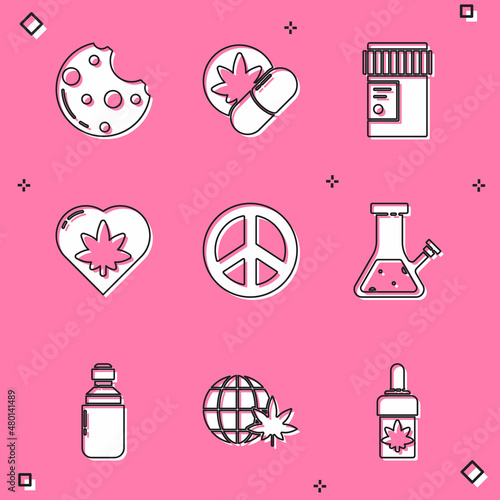 Set Cookies with marijuana, Herbal ecstasy tablets, Medical bottle cannabis, Marijuana leaf in heart, Peace, Glass bong for smoking, olive oil and Legalize globe icon. Vector
