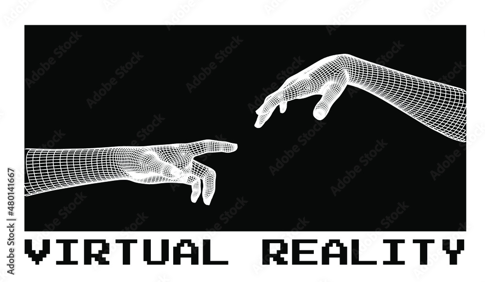 3D low poly model of hands going to touch together. Futuristic trendy print for t-shirt, cover or poster.