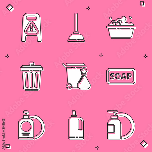 Set Wet floor and cleaning in progress, Rubber plunger, Plastic basin with soap suds, Trash can, garbage bag, Bar of, Dishwashing liquid bottle plate and Fabric softener icon. Vector