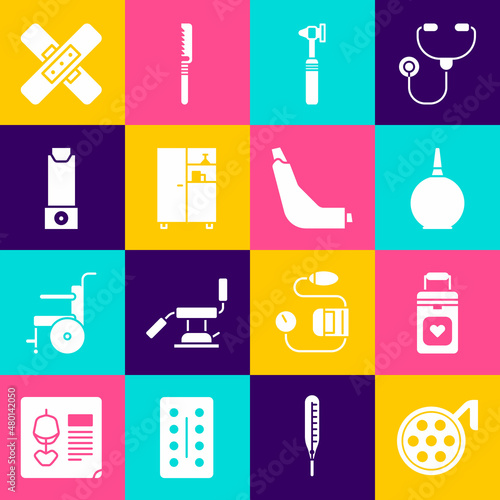 Set Surgery lamp, Organ container, Enema, Medical otoscope tool, Medicine cabinet, Inhaler, Crossed bandage plaster and icon. Vector