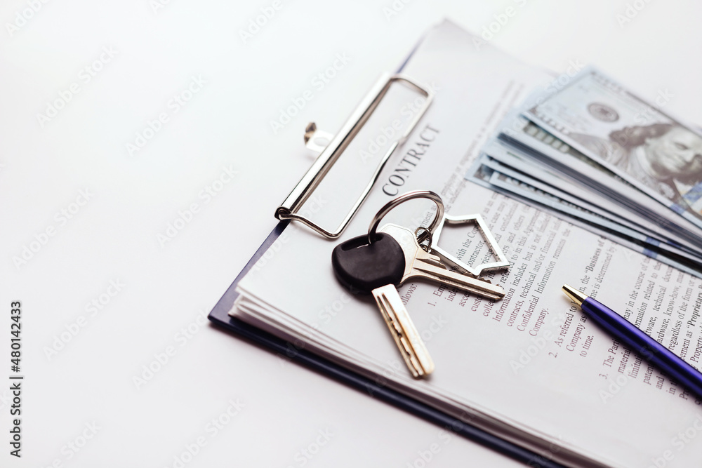 custom made wallpaper toronto digitalReal estate purchase contract with money and home keys on white table.