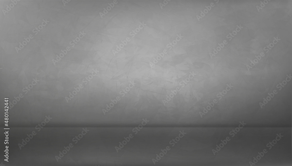 Empty studio room with a gray wall background, Backdrop Grey Cement texture floor, Vector 3D illustration of black Concrete surface with soft light and shadow. Banner for loft design concept Empty studio room with a gray wall background, Backdrop Grey Cement texture floor, Vector 3D illustration of black Concrete surface with soft light and shadow. Banner for loft design concept