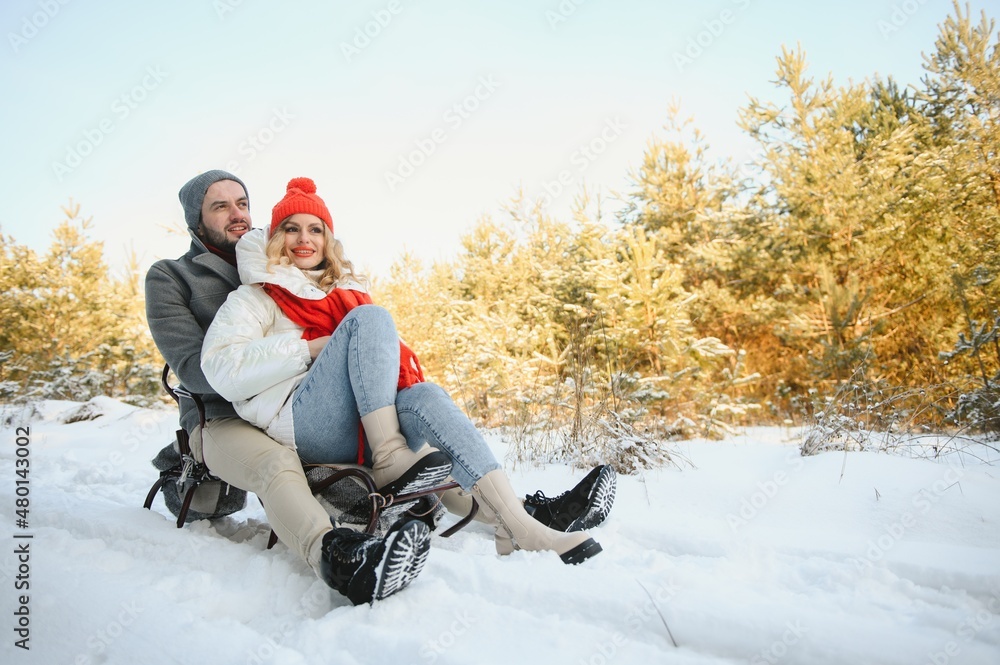 Obraz premium Two young people sliding on a sled