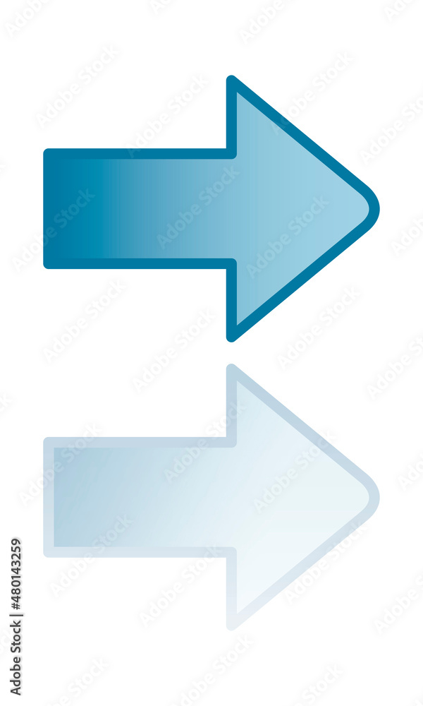 Arrow icon. Color icon with reflection on the ground of a blue arrow. Arrow icon. Color icon with reflection on the ground of a blue arrow.