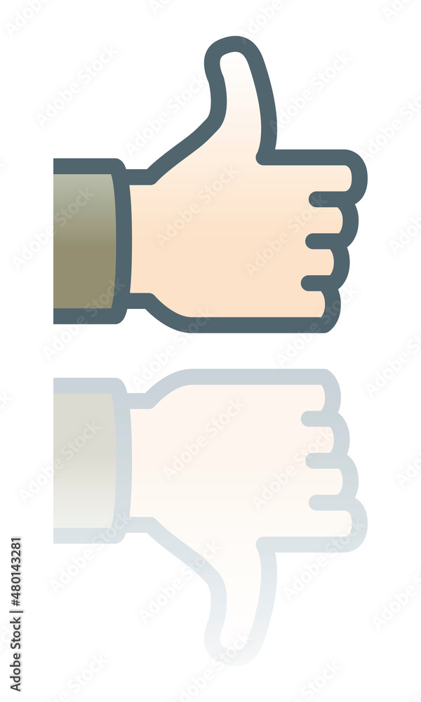 Like hand icon. Color icon with reflection on the ground of a hand doing the like sign. Like hand icon. Color icon with reflection on the ground of a hand doing the like sign.