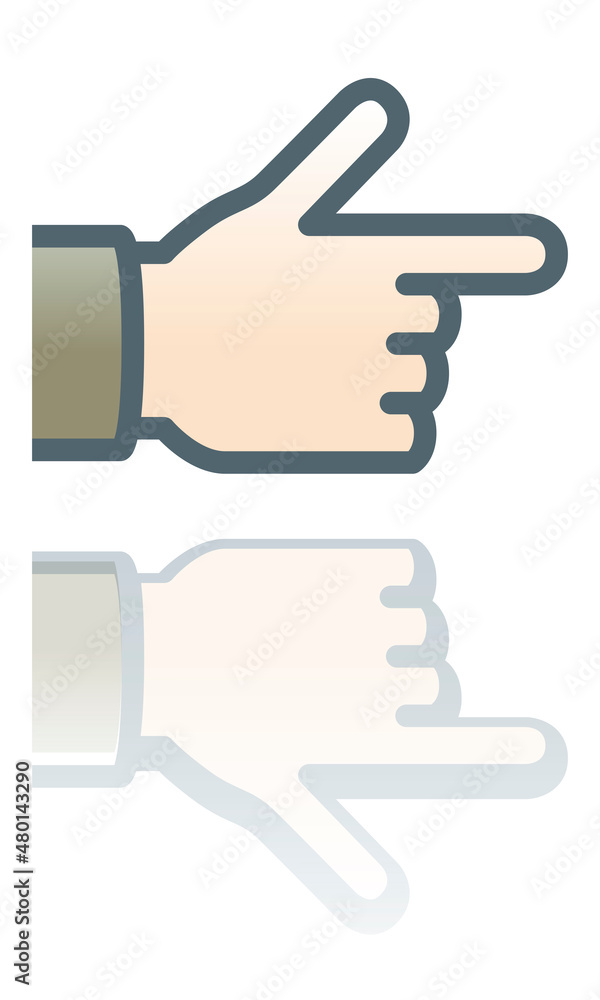 Pointing hand icon. Color icon with reflection on the ground of a hand pointing with the finger. Pointing hand icon. Color icon with reflection on the ground of a hand pointing with the finger.