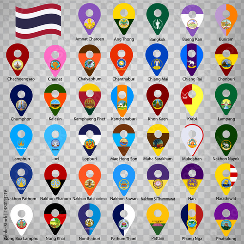 Forty flags the Provinces of Thailand  -  alphabetical order with name.  Set of 2d geolocation signs like flags Provinces. From Amnat Charoen to Phattalung.  Forty 2d pins for your design. EPS10