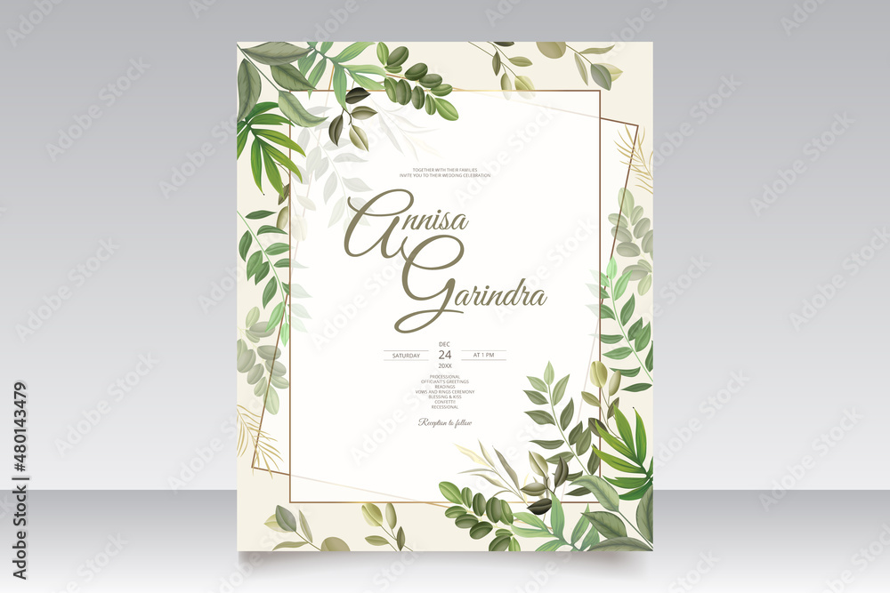 beautiful leaves wedding invitation card template Premium Vector