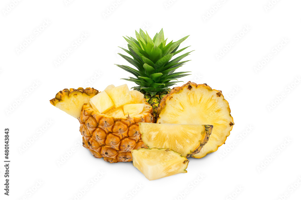 whole pineapple and pineapple slice. Pineapple with leaves isolate on white. Full depth of field. summer fruits, whole pineapple and pineapple slice. Pineapple with leaves isolate on white. Full depth of field. summer fruits,