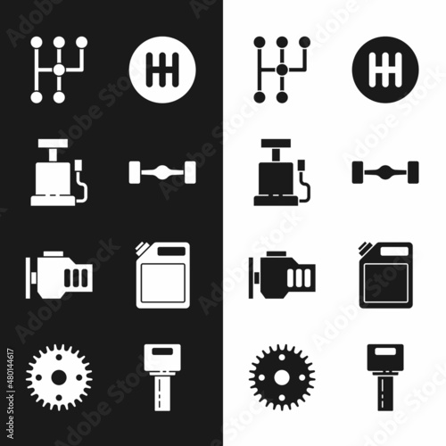 Set Chassis car, Car air pump, Gear shifter, Check engine, Canister for gasoline, key with remote and icon. Vector