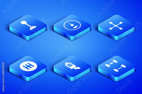 Set Chassis car, Gear shifter, Car muffler, Speedometer and Wheel wrench icon. Vector