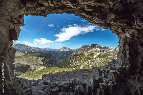 Dolomite panorama from gallery in italian alps, Italy, Trentino