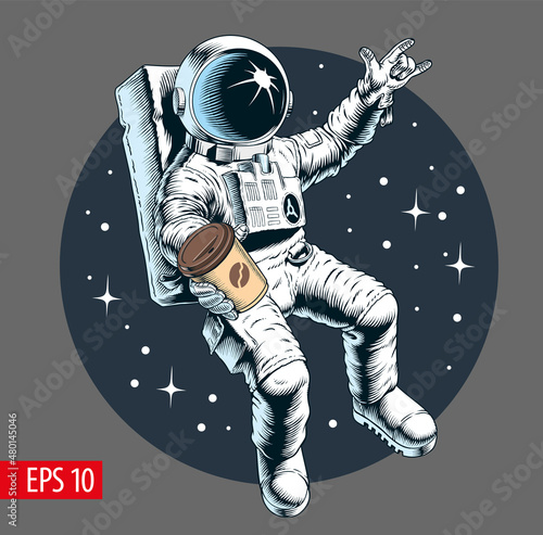 Astronaut holding a coffee cup in outer space. Coffee to go or space cafe concept. Vector illustration.