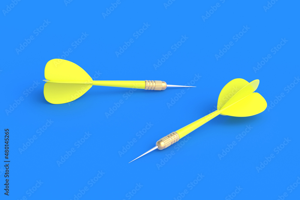 Toys for adults and children. Game for leisure. International tournament, competitions. Yellow darts on a blue background. 3D rendering Toys for adults and children. Game for leisure. International tournament, competitions. Yellow darts on a blue background. 3D rendering