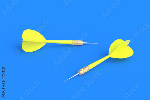 Toys for adults and children. Game for leisure. International tournament, competitions. Yellow darts on a blue background. 3D rendering