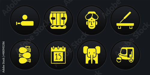 Set Tandoori chicken, Scented spa stick, Independence day India, Elephant, Indian man, Instrument tabla, Taxi tuk tuk and Wood cricket bat ball icon. Vector