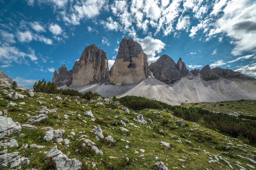 Tre cime di Lavaredo dolomite mountain and alp panorama, Veneto, Italy