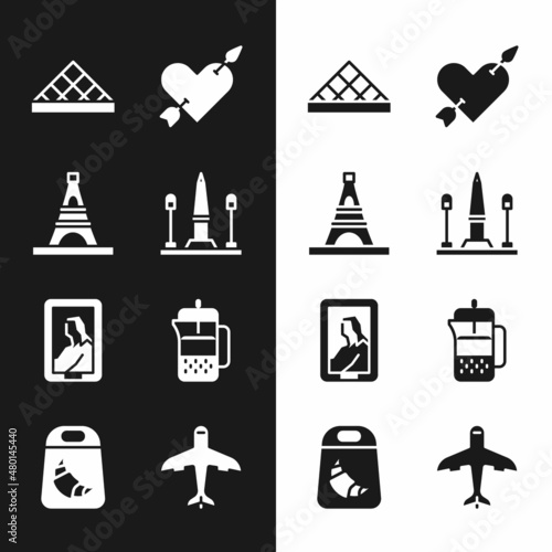 Set Place De La Concorde, Eiffel tower, Louvre museum, Amour with heart and arrow, Portrait in, French press, Plane and Croissant package icon. Vector