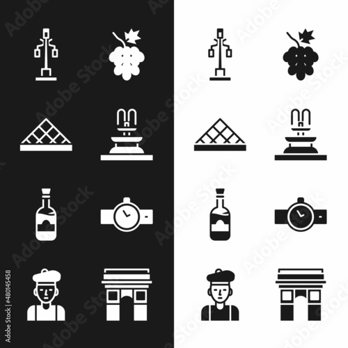 Set Fountain, Louvre museum, Street light, Grape fruit, Bottles of wine, Wrist watch, Triumphal Arch and French man icon. Vector