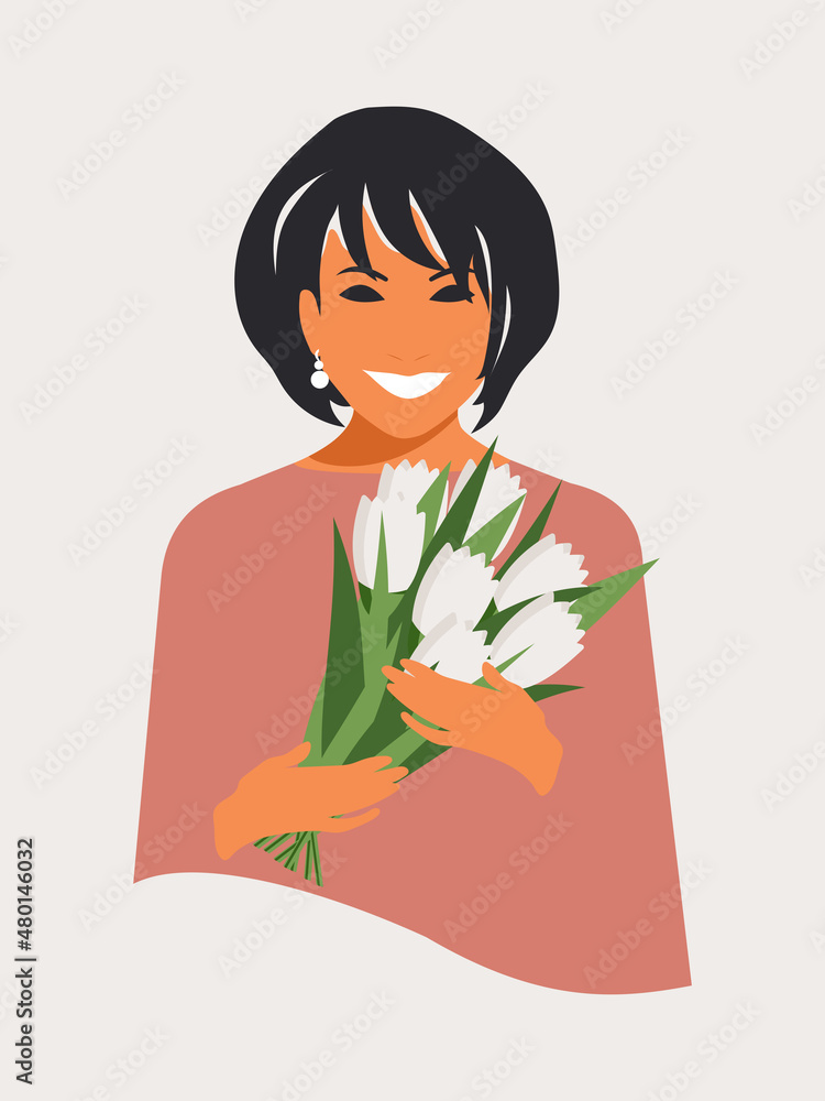 Pretty woman in a pink dress smiles and holds white tulips. A stylish girl radiates happiness on Mother's Day, on her birthday. Flat design on a light gray background. Pretty woman in a pink dress smiles and holds white tulips. A stylish girl radiates happiness on Mother's Day, on her birthday. Flat design on a light gray background.