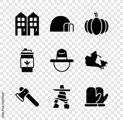 Set House, Igloo ice house, Pumpkin, Wooden axe, Inukshuk, Christmas mitten, Coffee cup to go and Canadian ranger hat icon. Vector