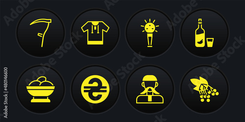 Set Varenyky in a bowl, Vodka with pepper and glass, Ukrainian hryvnia, cossack, Mace, Embroidered shirt, Branch viburnum and Scythe icon. Vector